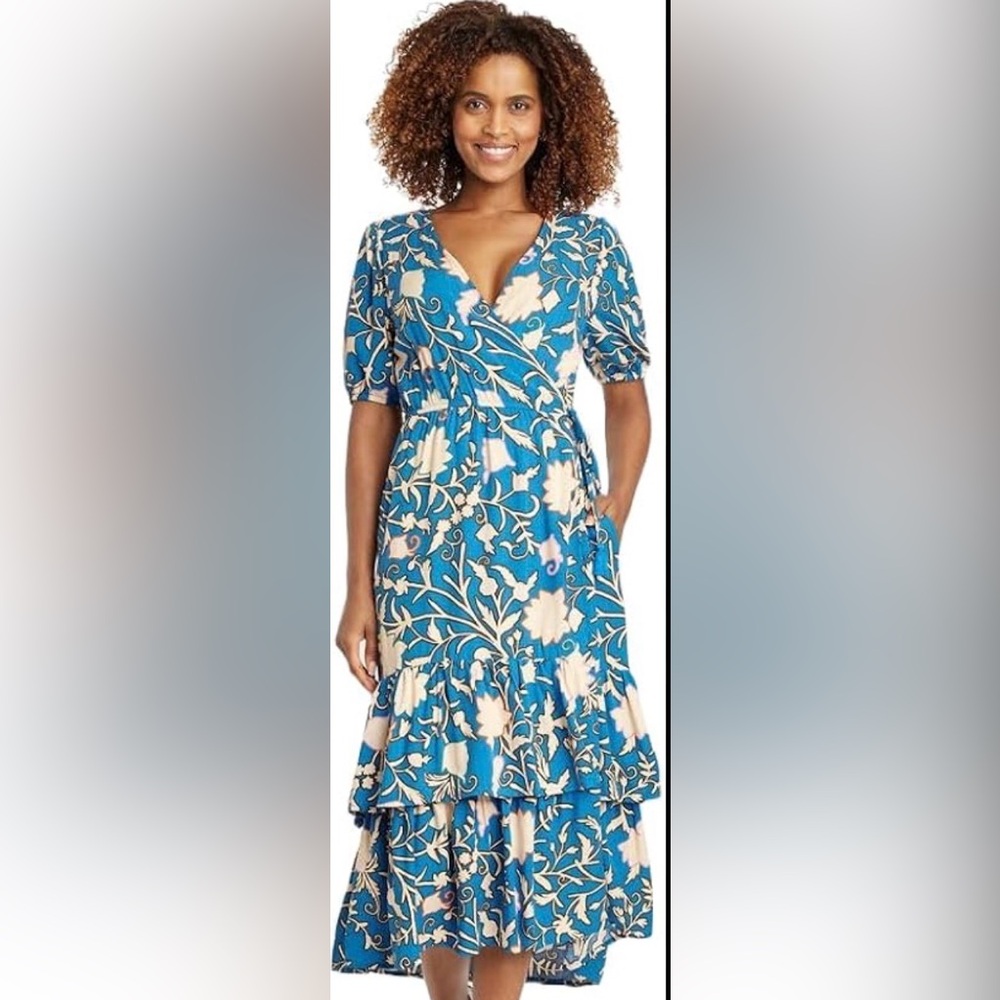 KNOX ROSE Women's Shimmer Blue Floral Wrap Ruffle Hem Midi